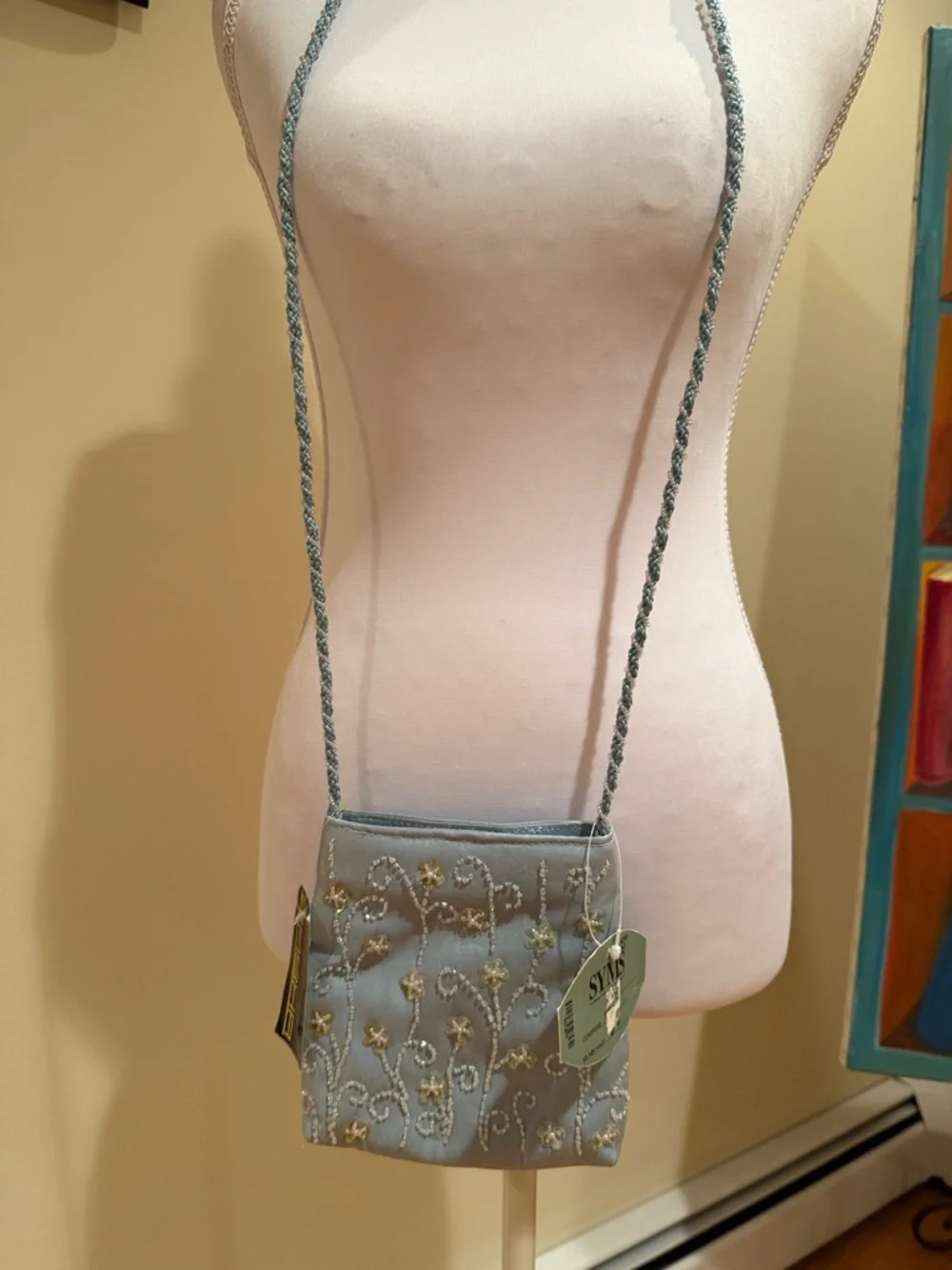 Embroidered Light Blue Crossbody Purse with Braided Strap